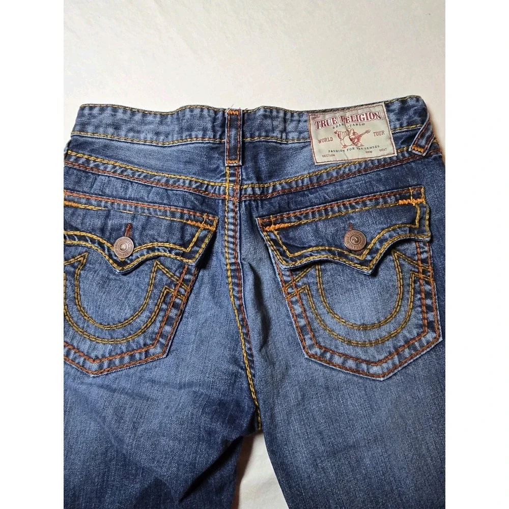 True Religion Mens Denim Jeans 34x25 Medium‎ Wash Orange Stitching